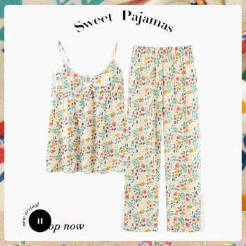 Pijamale Femei Vara Suspensor Pantaloni URI Vintage Fragmentar FrenchSweet Sexy Poate fi Purtat Două piese Set cu Piept de Pad Slee