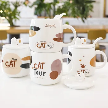 Pisica Drăguț Cana De Ceramica De Desene Animate Cana De Cafea Cana Ceramica Cu Capac Si Lingura Cadou Creativ Mic Dejun Cana De Cafea Cu Lapte Cana