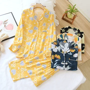 Primăvara Viscoză Set Pijama cu Maneca Lunga Print Sleepwear Rever Două Bucata Set de Vara Body Liber Pijamale pentru Femei Uzura Acasă