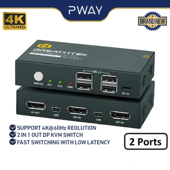 PWAY USB KVM Switch Keyboard Și Mouse-ul Splitter Cu 2 DP Port Suport 4K@60Hz 2 În 1 și Hub USB Pentru PC, Laptop Macbook