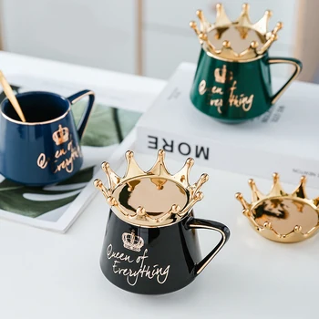 Regele Regina Design Coroana Cana Cu Coroana, Capac si lingurita din Ceramica Ceașcă de Cafea Cadou pentru Prietena Soția Livrare Rapida