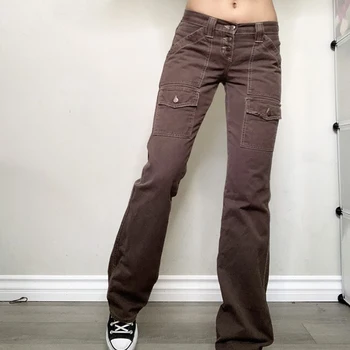 Retro Scăzut Talie Pantaloni Slim Estetice Buzunare Femei De Primăvară Maro Flare Pantaloni Fairycore Grunge Moda Pantaloni De Trening