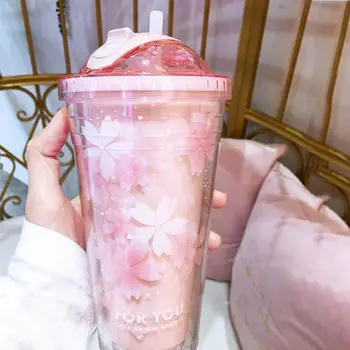Sakura BPA Gratuit Pahare de Plastic cu Capace și Paie Sticla de Apa pentru Băut Cana de Cafea de Suc de Lapte paie cupa Ascunse Paie Gheață Cupa