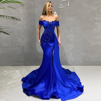 Sexy de Lux Satin Royal albastru Strapless Sirenă rochie de seara 2022 Șirag de mărgele Lungi rochie de bal de pe umăr Curtea de Tren de pe spate rochie f