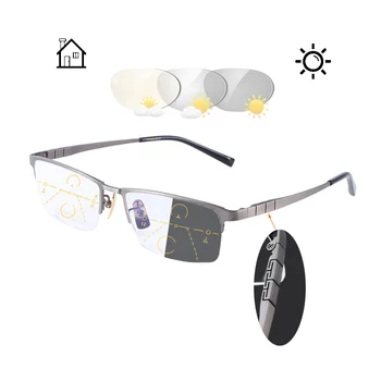 Smart Multifocală Progresivă Fotocromatică Ochelari De Citit Ultralight De Afaceri De Jumătate De Ramă Interioară Și În Aer Liber Presbyopic Ochelari