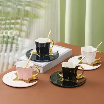 Star Luna Mâner de Aur Cana de Cafea și Coaster Set cu Lingura de Flori de Ceai, cafea cu Lapte Cappuccino Acasa