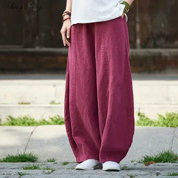 Stil chinezesc pe alb pantaloni pantaloni largi femei dungi verticale liber casual supradimensionate, pantaloni largi picior V940