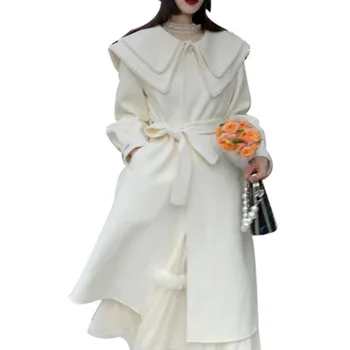 Stil francez iarna perla ștrasuri din mărgele albe de lână lung palton femei rever printesa vrac, amestecuri de lână