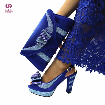 Stil matur Noi Sosiri Nigerian Femei Pantofi de Potrivire și Geanta Stabilit în Culoare Albastru Regal Peep Toe Sandale cu Toc