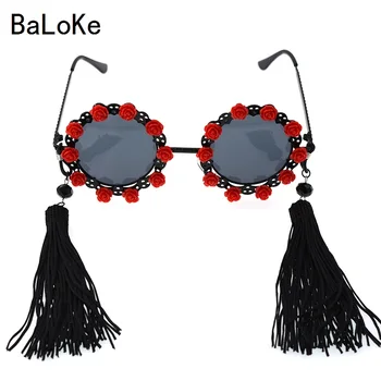 Stil Retro ochelari de Soare pentru Femei Rosu si Roz Flori Lanț Tassel Cadru ochelari de Soare stil Baroc, Vintage Rotund Doamnelor Supradimensionat Ochelari de Soare