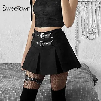 Sweetown Punk Fete Butonul Fusta Plisata Femeie Preppy Stil Gotic ' 90 Streetwear Înaltă Waisted Fuste Mini Negre Saias