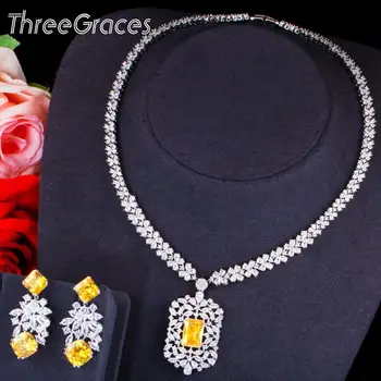 ThreeGraces Elegant Galben Pătrat Cubic Zirconia Cristale de Culoare Argintie Mireasa Nunta Seturi de Bijuterii pentru Femei, Uzura de Partid TZ576