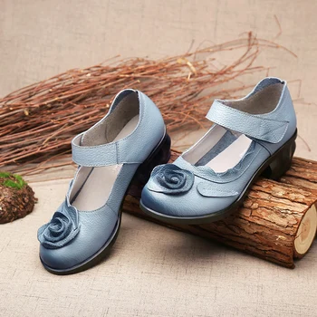 Vara Vintage Piele De Vacă Din Piele Sandale Femei De Înaltă Calitate Mary Jane Pantofi Cu Tocuri Joase Sandale Cu Flori Femeie Pantofi Transport Gratuit