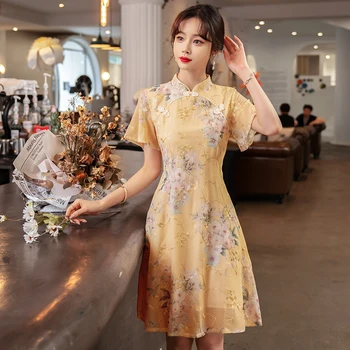 Vara Îmbunătățit Stilul de Tineri Naționale Stil Floral Brodate cu Maneci Scurte pentru Femei Qipao Rochie Tradițională Chineză Cheongsam