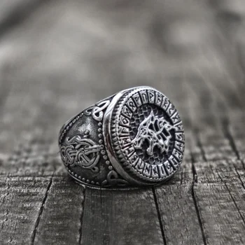 Vintage Nordic Viking Rune Religioase Stil Lup Amuleta Ring Bijuterii