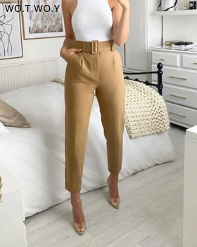 WOTWOY Elegant Formale Talie Mare Pantaloni Skinny Femei Office Lady Creion Pantaloni Femei Buzunare Eșarfe Glezna-Lungime Pantaloni Femei