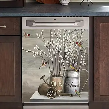 WOWFEEL Cutii de Udare Flori Albe mașină de spălat Vase Magnet Usa Copertă Rural Vinil Decal, Songbird Floral Art Magnetic de Sarcini
