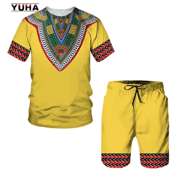 YUHA,Vara 2-bucata Set 2022 Noi de Imprimare 3D din Africa Tricou Pentru Bărbați pantaloni Scurți, Costume de Haine Vintage Barbati Hip Hop Tricou Conjunto - 