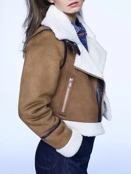ZA toamna și iarna nou produs de personalitate de moda cusaturi de decor cu fermoar rever plus catifea față-verso jacheta femei