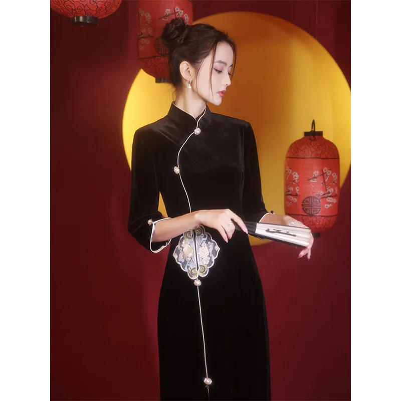 Catifea de aur cheongsam 2022 nouă primăvară tineretului Negru Retro îmbunătățit scurt Chineză stil de rochie pentru femei 0