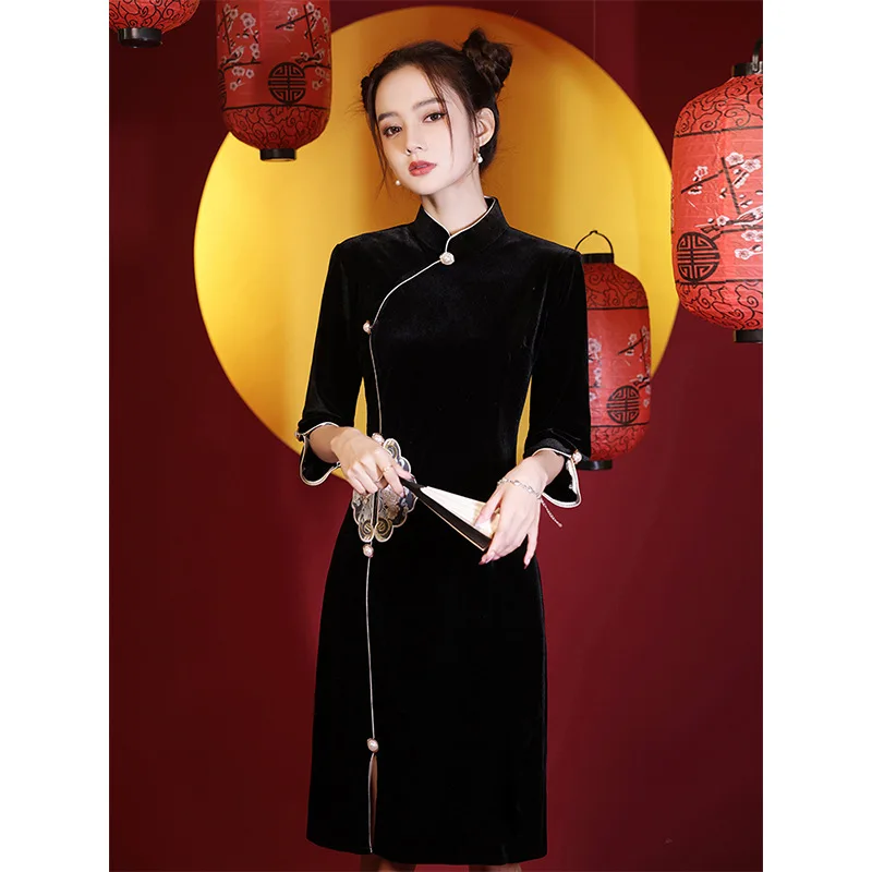 Catifea de aur cheongsam 2022 nouă primăvară tineretului Negru Retro îmbunătățit scurt Chineză stil de rochie pentru femei 1