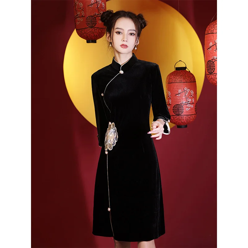 Catifea de aur cheongsam 2022 nouă primăvară tineretului Negru Retro îmbunătățit scurt Chineză stil de rochie pentru femei 2