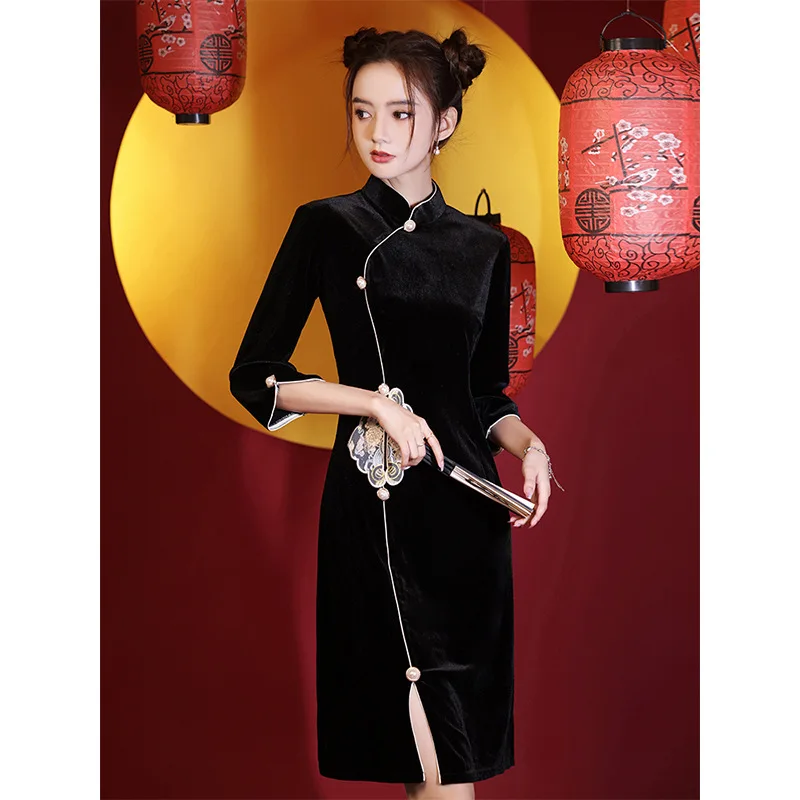 Catifea de aur cheongsam 2022 nouă primăvară tineretului Negru Retro îmbunătățit scurt Chineză stil de rochie pentru femei 3