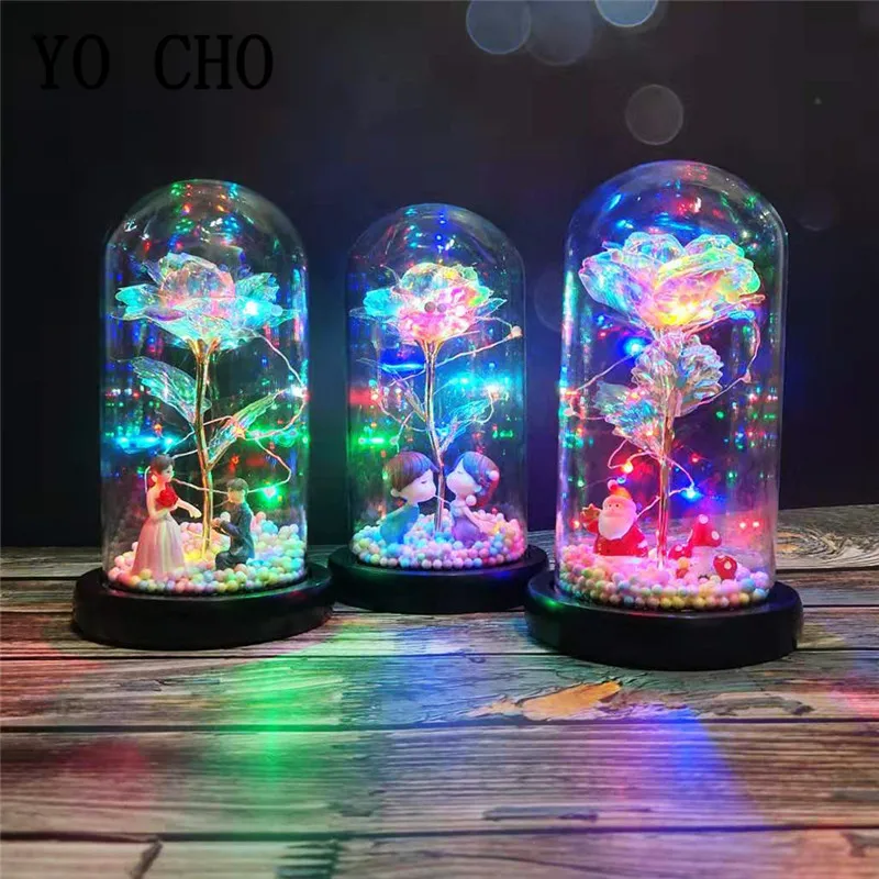 YO CHO Mediu Conservate Crescut În Cupolă de Sticlă pe Bază de Lemn Nemuritor Crescut LED String Speciale de Valentine Ziua Mamei Cadouri Rose 0