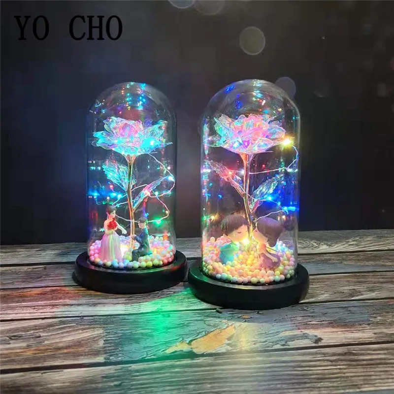 YO CHO Mediu Conservate Crescut În Cupolă de Sticlă pe Bază de Lemn Nemuritor Crescut LED String Speciale de Valentine Ziua Mamei Cadouri Rose 1