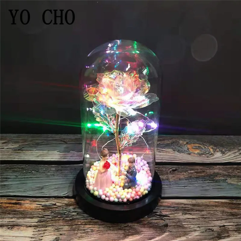 YO CHO Mediu Conservate Crescut În Cupolă de Sticlă pe Bază de Lemn Nemuritor Crescut LED String Speciale de Valentine Ziua Mamei Cadouri Rose 2