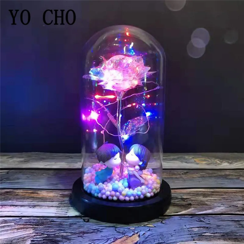 YO CHO Mediu Conservate Crescut În Cupolă de Sticlă pe Bază de Lemn Nemuritor Crescut LED String Speciale de Valentine Ziua Mamei Cadouri Rose 4