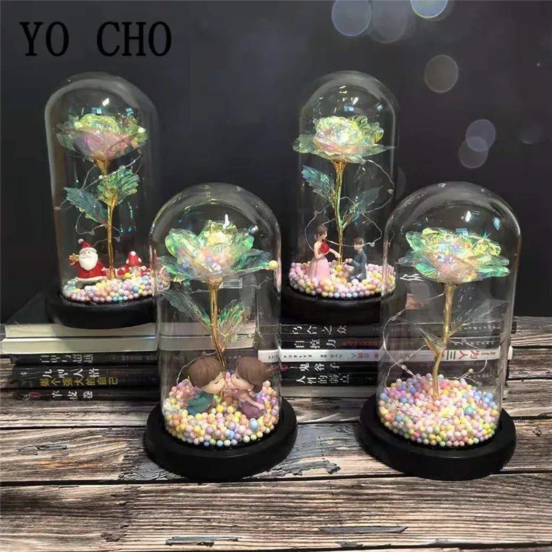 YO CHO Mediu Conservate Crescut În Cupolă de Sticlă pe Bază de Lemn Nemuritor Crescut LED String Speciale de Valentine Ziua Mamei Cadouri Rose 5