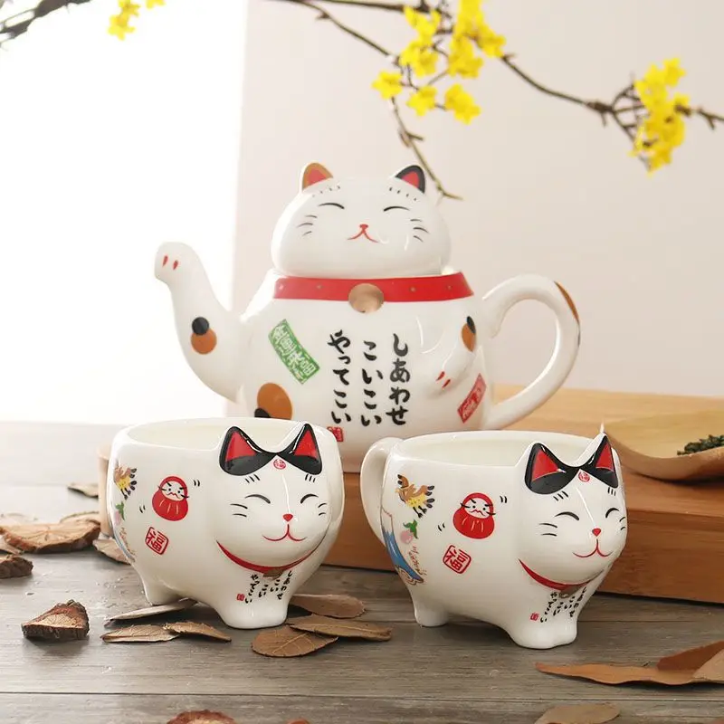 Creative Maneki Neko Ceramice Ceașcă de Ceai Oală cu Filtru Minunat Plutus Pisica Cana Ceainic Japonez Drăguț Pisică Norocos Set de Ceai de Portelan 0