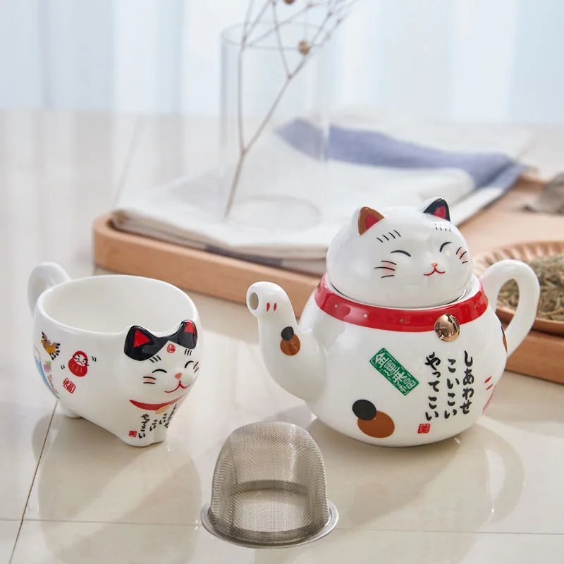 Creative Maneki Neko Ceramice Ceașcă de Ceai Oală cu Filtru Minunat Plutus Pisica Cana Ceainic Japonez Drăguț Pisică Norocos Set de Ceai de Portelan 1