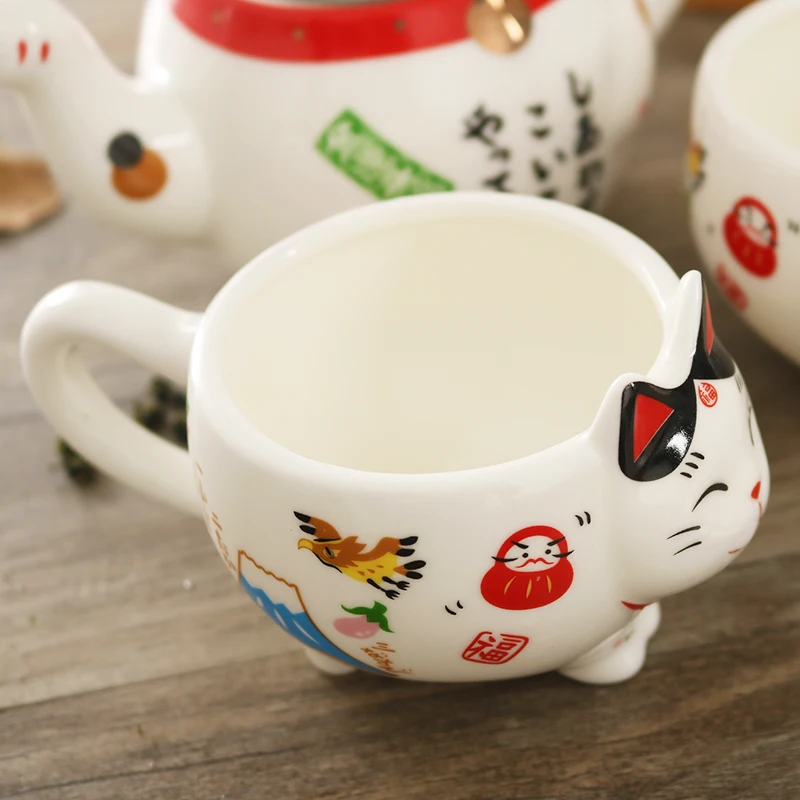 Creative Maneki Neko Ceramice Ceașcă de Ceai Oală cu Filtru Minunat Plutus Pisica Cana Ceainic Japonez Drăguț Pisică Norocos Set de Ceai de Portelan 5