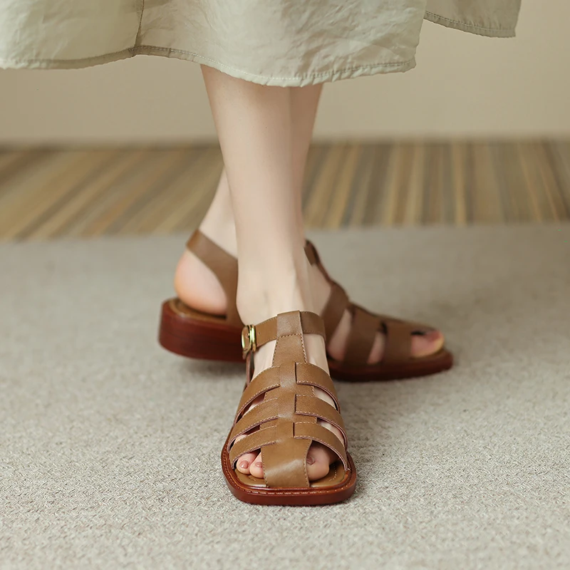 QUTAA 2022 Piele naturala Sandale Rotund Toe Vara Bază Pantofi pentru Femei Elegante de Vara Pătrat Toc mic de sex Feminin Dimensiune 34-43 1