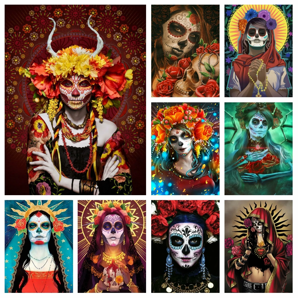 Moartea Catrina Craniu Diamant Pictura Ziua Morților Arta Mexicana Cruce Cusatura Broderie Imagine Mozaic Cristal Meșteșug Decor Acasă 0