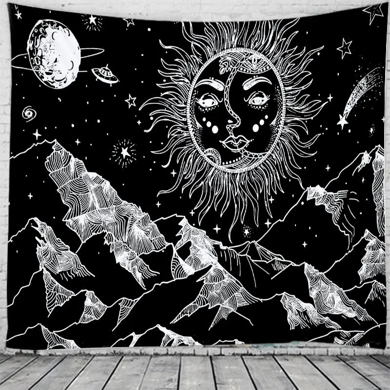 Alb Negru Soarele Și Luna Tapiserie Bârfă Tapiserii Mandala Tapiserie de pe Perete Hippie Perete Covoare Dormitor Decor Pătură 95x73cm 4