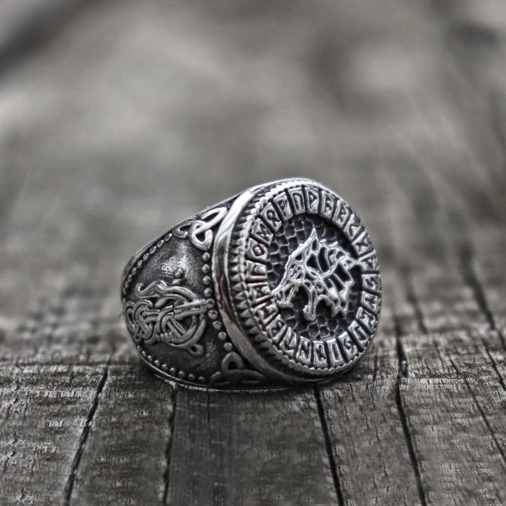 Vintage Nordic Viking Rune Religioase Stil Lup Amuleta Ring Bijuterii 0