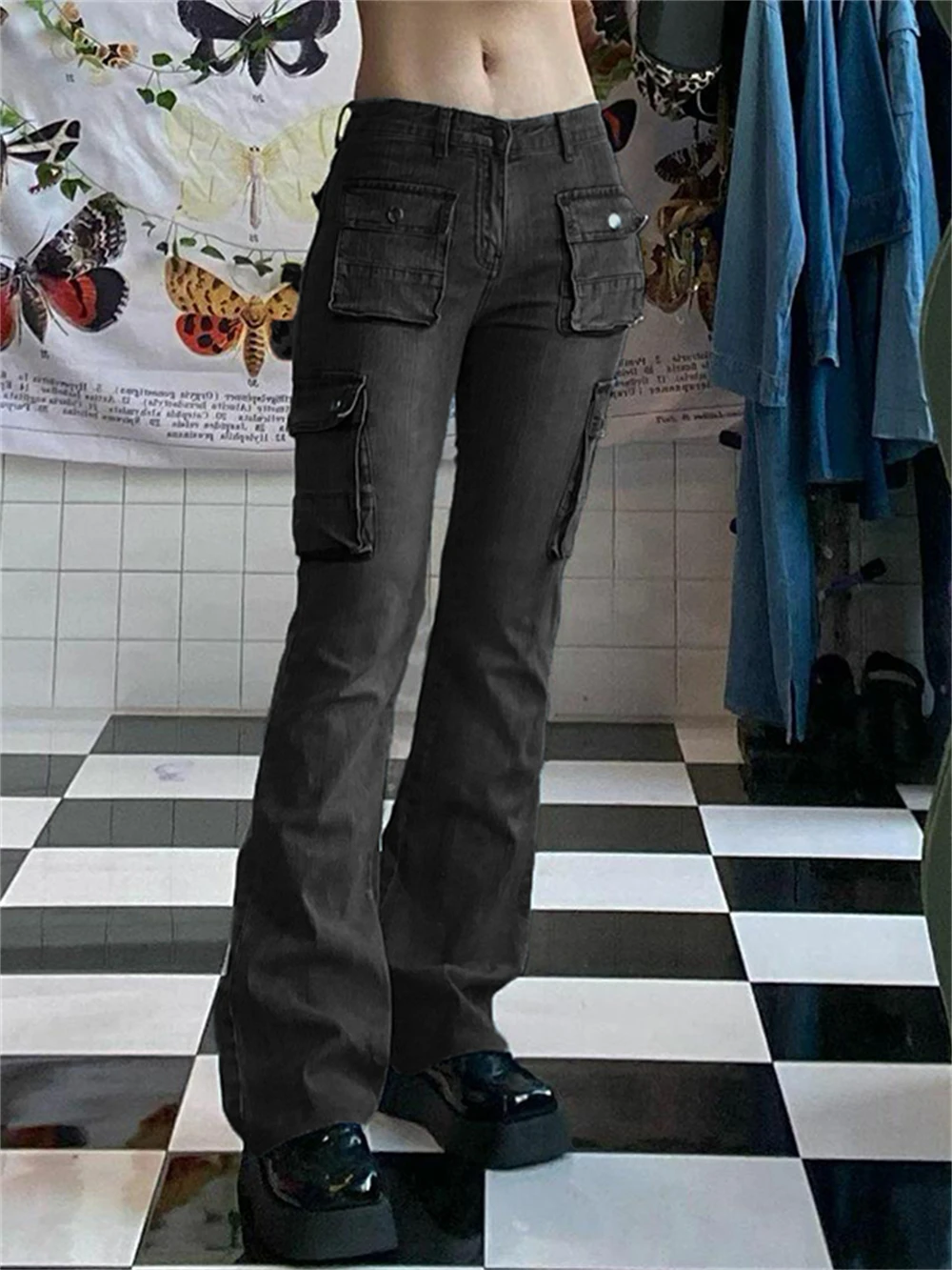 Grunge Alt Buzunare Flare Jeans Estetice Femei E-fată Retro Bază Harajuku Pantaloni 90 Mama Scăzut Talie Pantaloni de Marfă Streetwear Y2k 0