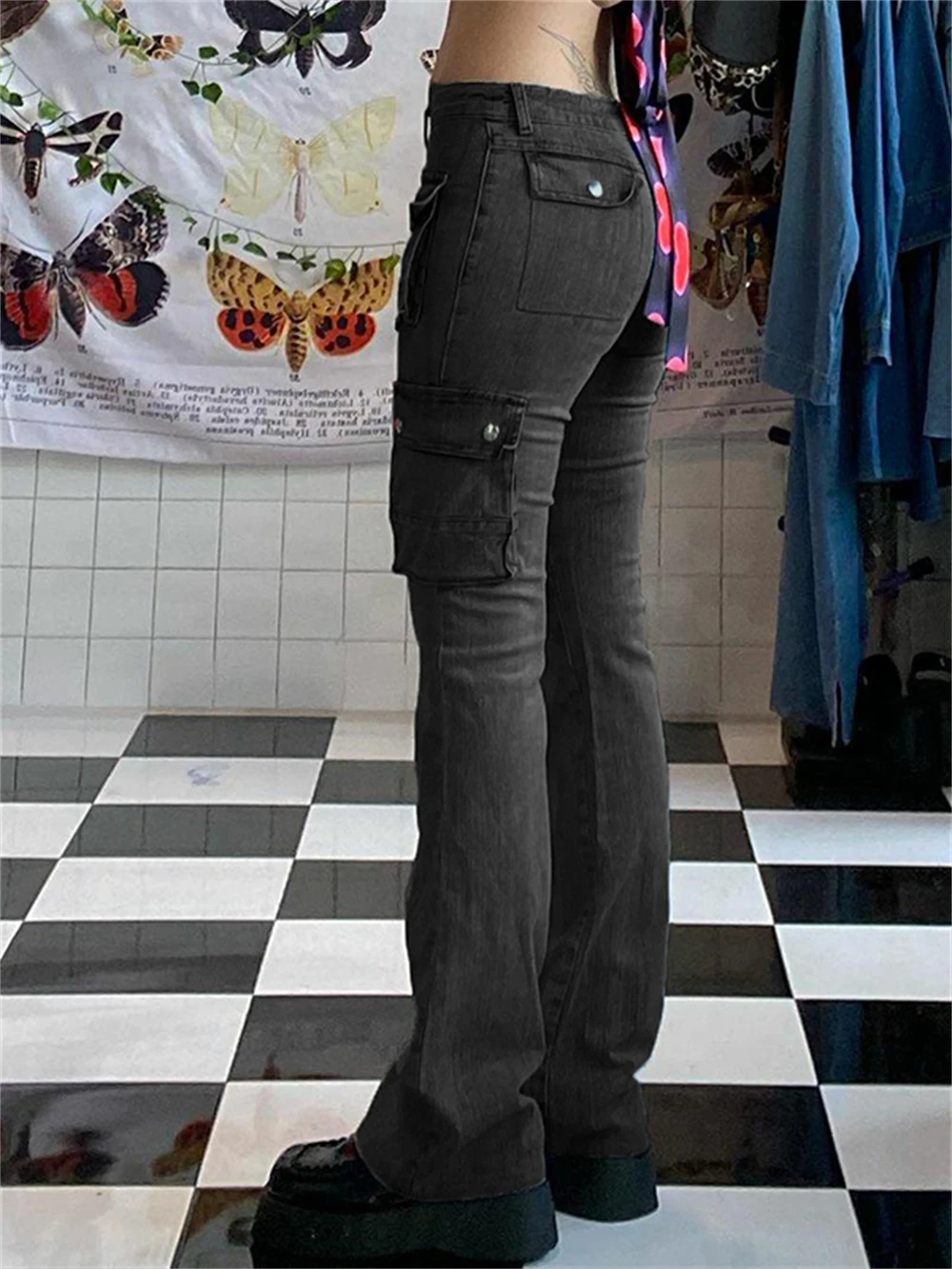 Grunge Alt Buzunare Flare Jeans Estetice Femei E-fată Retro Bază Harajuku Pantaloni 90 Mama Scăzut Talie Pantaloni de Marfă Streetwear Y2k 2