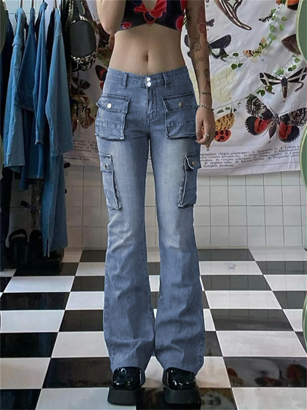 Grunge Alt Buzunare Flare Jeans Estetice Femei E-fată Retro Bază Harajuku Pantaloni 90 Mama Scăzut Talie Pantaloni de Marfă Streetwear Y2k 5