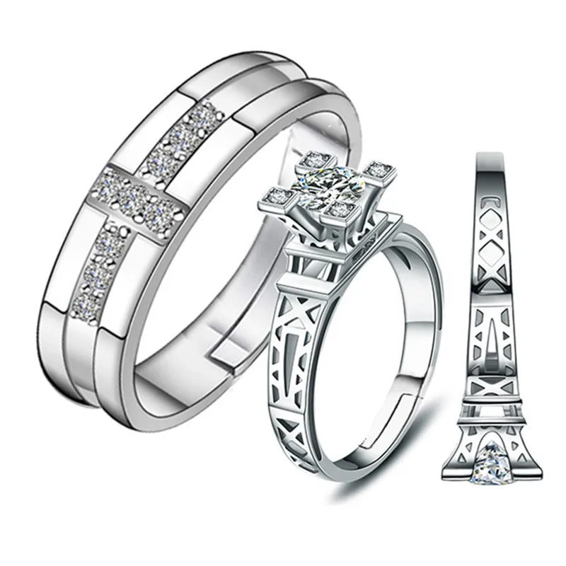 2 buc Set Cruce Și Turnul Eiffel Încrustat AAA Zircon Stil Deschis, Inele de Cuplu Reglabil Moda Bijuterii Lovers Cadouri R0062 0