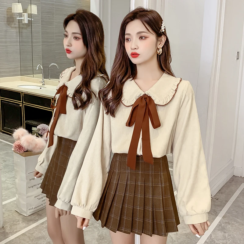 Toamna coreean Talie Mare Fuste Plisate Gotic Drăguț Mini-Fusta Carouri Caise Bluza Y2K Femei JK Uniforma Elevi Haine Y2K 5