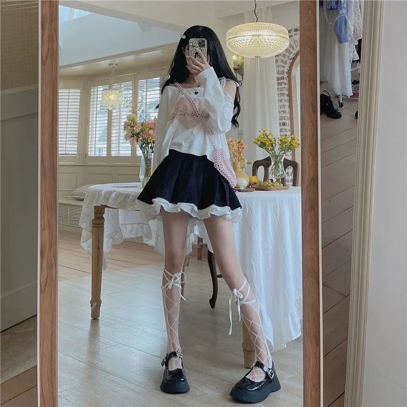 HOUZHOU Kawaii Lolita Fusta Plisata Femei Japoneze Dulce Fairycore Înaltă Waisted Dantela Mozaic a-line Mini Fuste Moale Fata 4