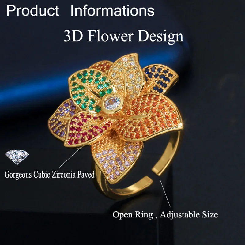 Pera Lux Design 3D Colorate CZ Pavate cu Aur Culoare Reglabil Deschide Mare de Flori de Nunta pentru Femei Inele Bijuterii pentru Mirese R116 5