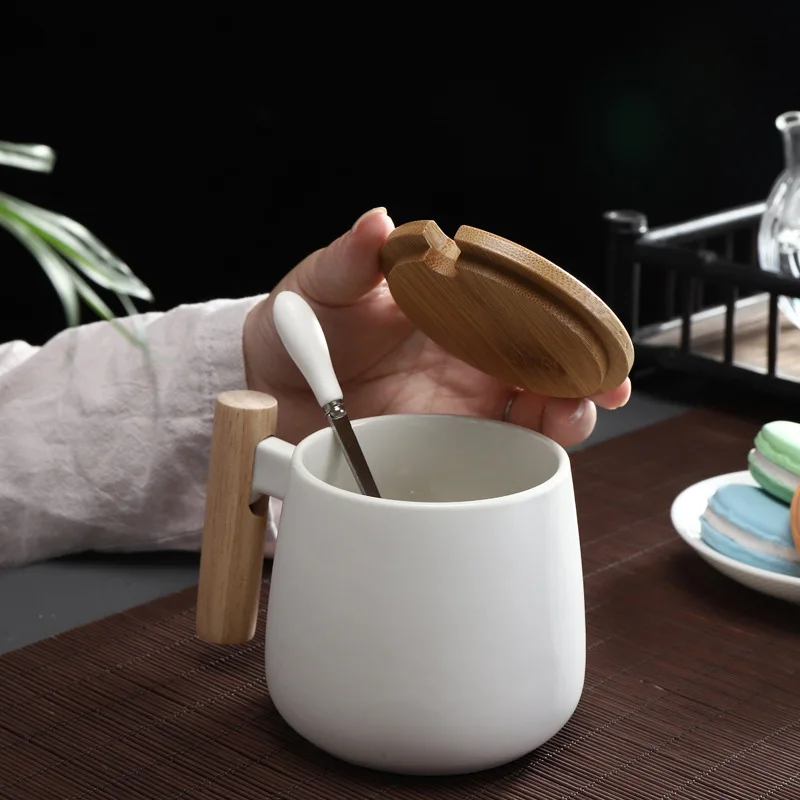 Stil Nordic mâner de lemn Cani Ceramice Cani de Cafea de Mare capacitate cană cu lingură capac cana de cafea ceasca de ceai biroul de acasă drinkware 0