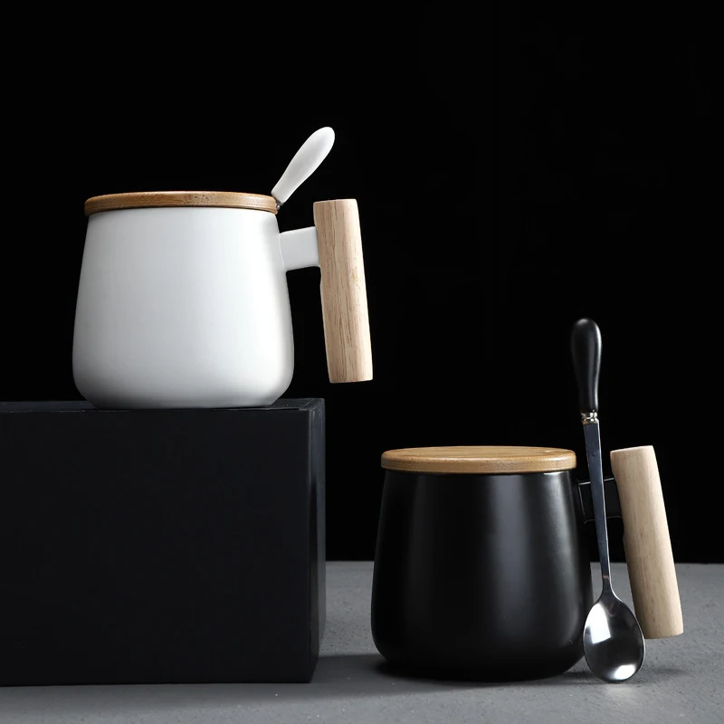 Stil Nordic mâner de lemn Cani Ceramice Cani de Cafea de Mare capacitate cană cu lingură capac cana de cafea ceasca de ceai biroul de acasă drinkware 1