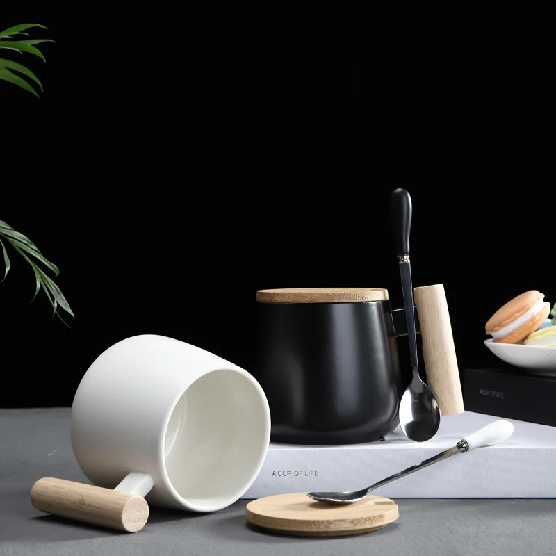 Stil Nordic mâner de lemn Cani Ceramice Cani de Cafea de Mare capacitate cană cu lingură capac cana de cafea ceasca de ceai biroul de acasă drinkware 2