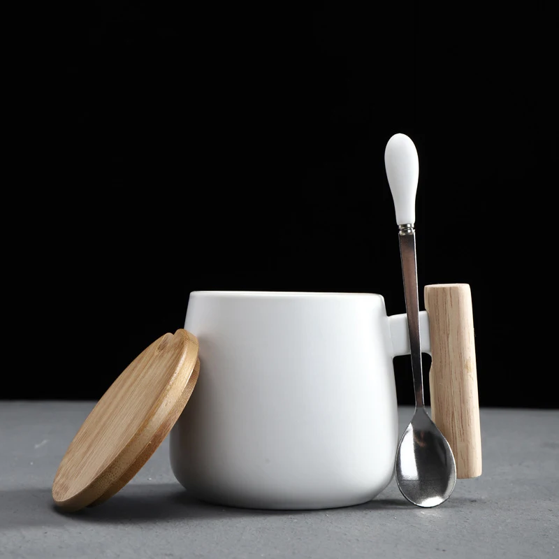 Stil Nordic mâner de lemn Cani Ceramice Cani de Cafea de Mare capacitate cană cu lingură capac cana de cafea ceasca de ceai biroul de acasă drinkware 3